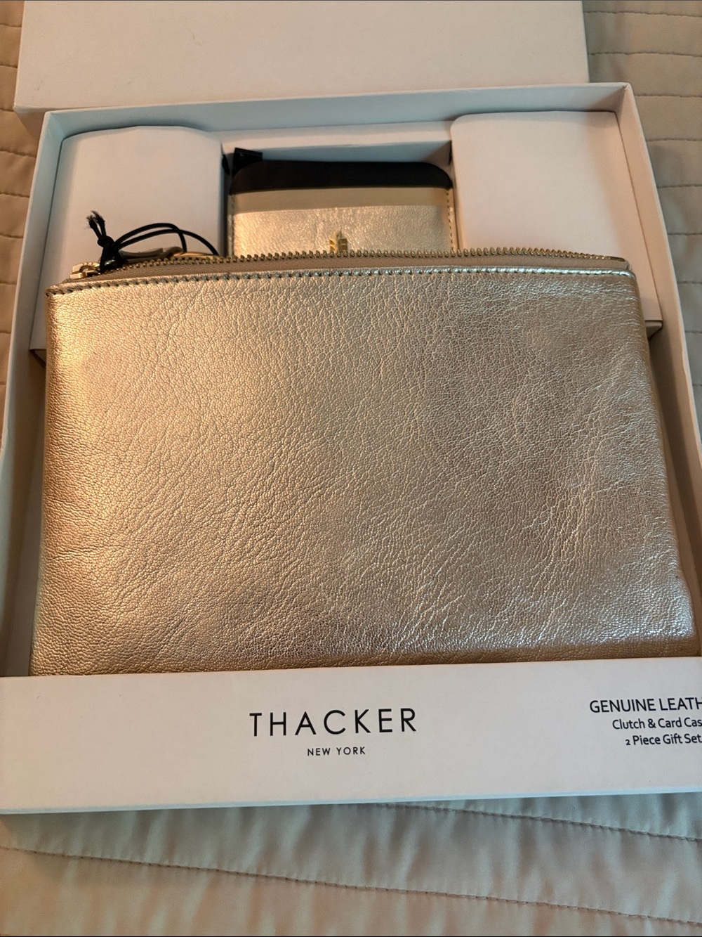 Thacker New York Metallic Rose Gold Leather Clutch & Card Case Set - Picture 4 of 7